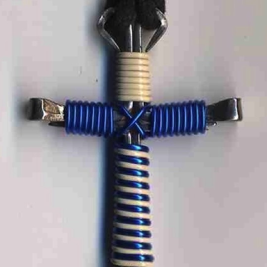 blue white horseshoe nail cross