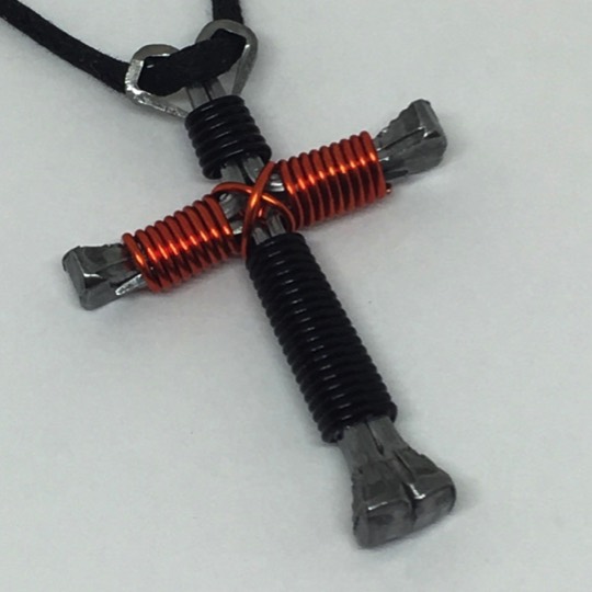 Bold black Nail Necklace with orange arms Bold two color Nail Necklace