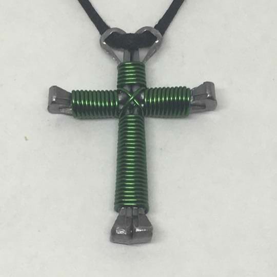 Small green nail cross necklace on black cord Small green horses shoe nail cross necklace