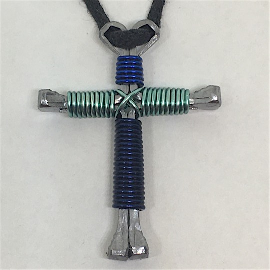 horseshoe nail cross necklace in tri-blue