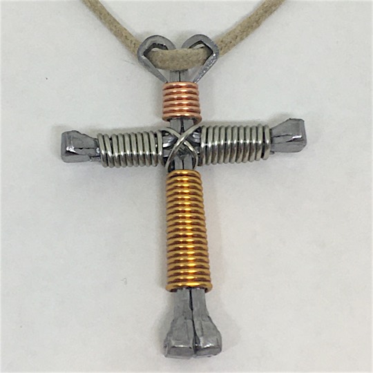 gold tri color nail cross with tan cord