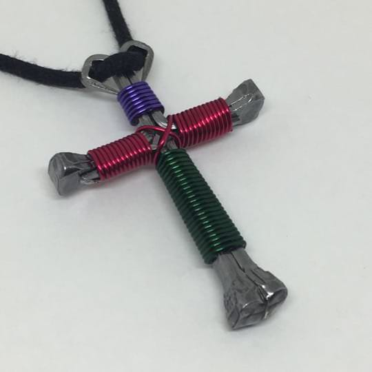 horseshoe nail cross necklace wrapped with lavender top red arms and green leg