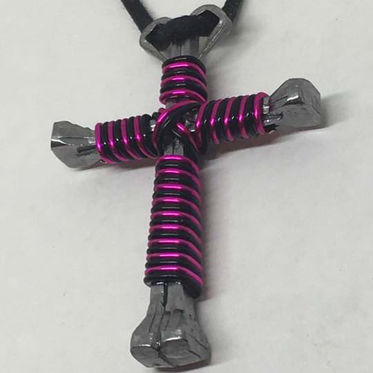 Horseshoe nail cross necklace pink and black wrapped wire