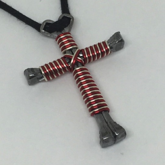 Magenta and Shiny Silver Double Wrap Nail Cross Necklace Magenta Shiny Silver Double Wrap Nail Cross